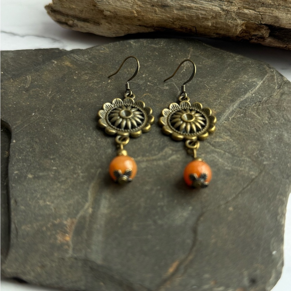 Elegant Floral Bronze and Orange Earrings